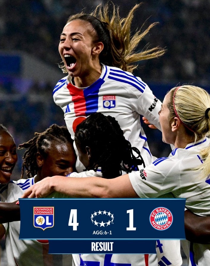 里昂女足4-1大勝拜仁女足，總比分6-1晉級女足歐冠半決賽