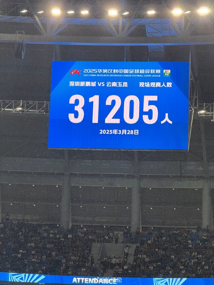 新鵬城新賽季首個(gè)主場(chǎng)現(xiàn)場(chǎng)觀眾31205人，為隊(duì)史最高上座人數(shù)